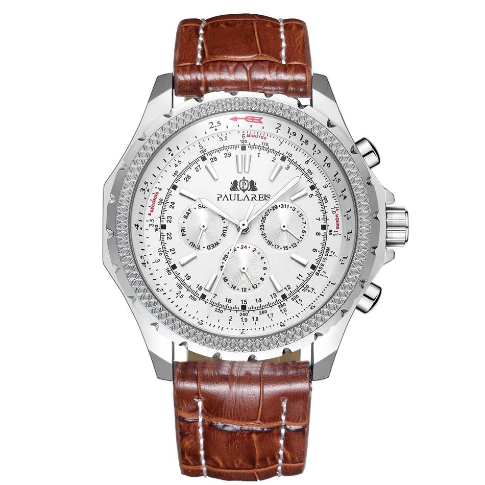 Paulareis Fully Automatic Mechanical Multifunctional Luminous Men's Watch Copper Belt Leather Automatic Watch