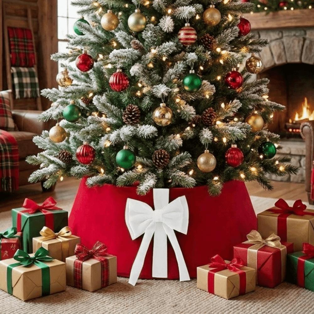 Decorative Christmas Tree Skirt with Bow Solid Color Christmas Tree Stand Skirt Party Gifts