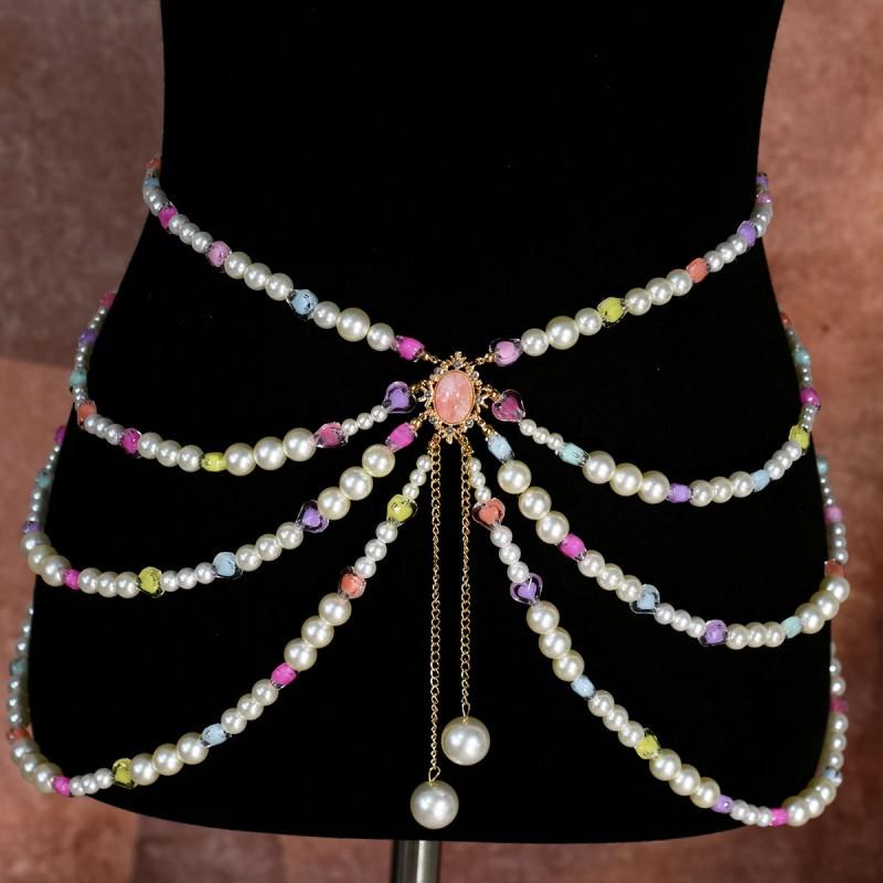 Womens Layered Pearl-Style Waist Chain With Pink Floral Glass Beads Tassel Detail Resin Crafted Fashion Body Jewelry