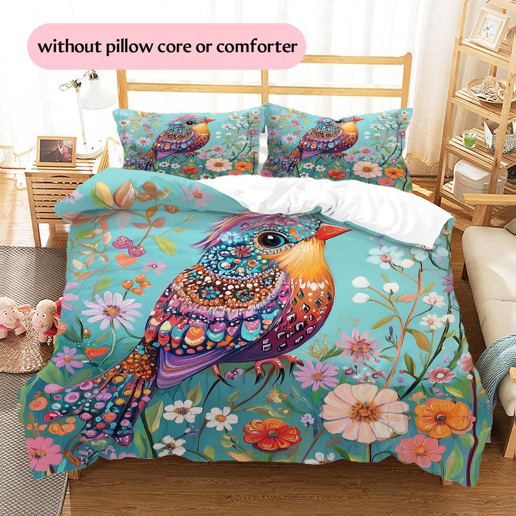 Colorful Flower Bird Pattern Bedding Quilt Set Home Decoration Gift (1 * duvet cover + 2 * pillowcase without core)