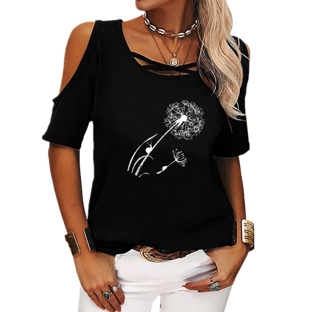 Women Fashion Off Shoulder T-shirt Ladies Casual Round Neck Floral Print Top Summer Short Sleeved Tee Shirt