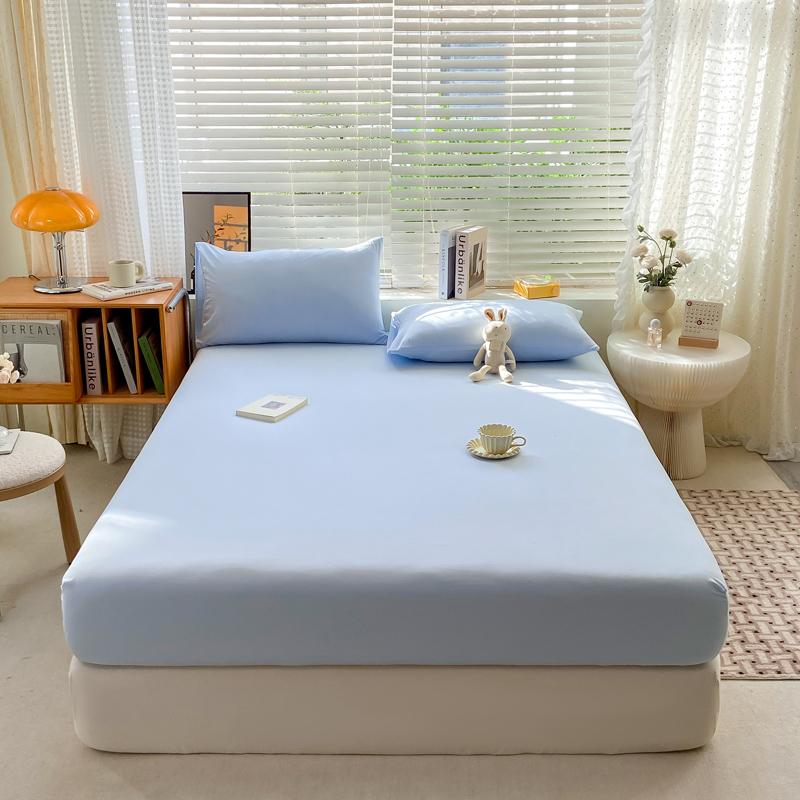 Simple Solid Color Blue Fitted Sheet Set 3Pcs Japanese Style Mattress Cover Skin-friendly Breathable Queen Size Bedding Set