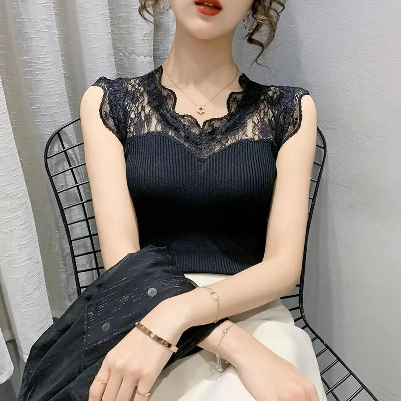 Женский пуловер с v-образным вырезом и кружевной строчкой, без рукавов, шелковый жилет, рубашка, однотонный, приталенный, эластичные подтяжки, трикотажные майки