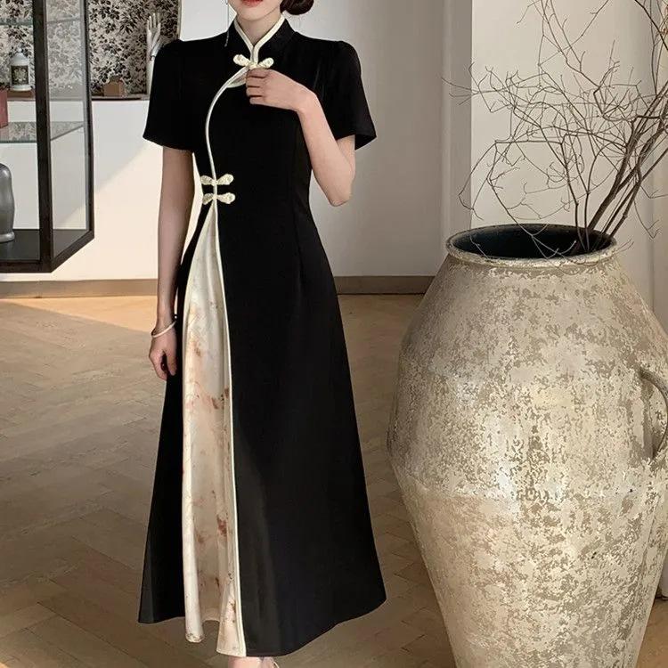 Новое улучшенное платье Cheongsam с пряжкой в ​​китайском стиле с короткими рукавами, летняя тонкая талия в стиле ретро и длинная юбка