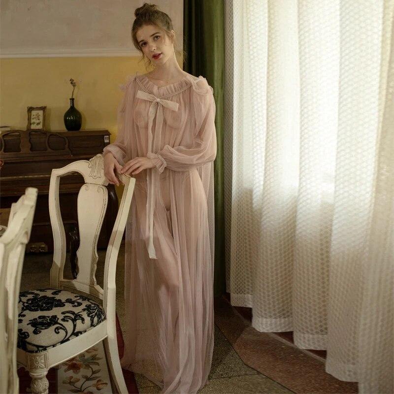 French Vintage Princess Sleepwear Women See Through Long Pajama Nightdress Fairy Ruffles Lace  Off The Shoulder Nightgowns