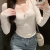 New Autumn Bow Lace Stitching Long-Sleeve Slim-Fit Round Neck Top for Women