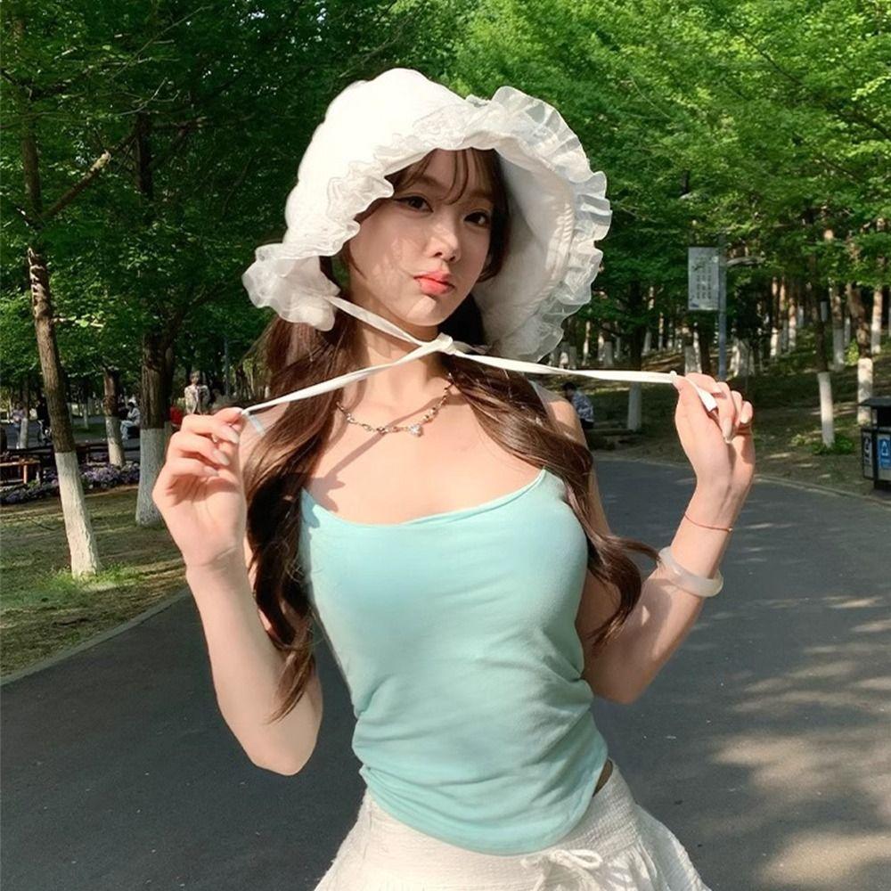 Lolita Fisherman Hat Summer Visor Basin Cap Foldable Lace Bucket Hat Girls