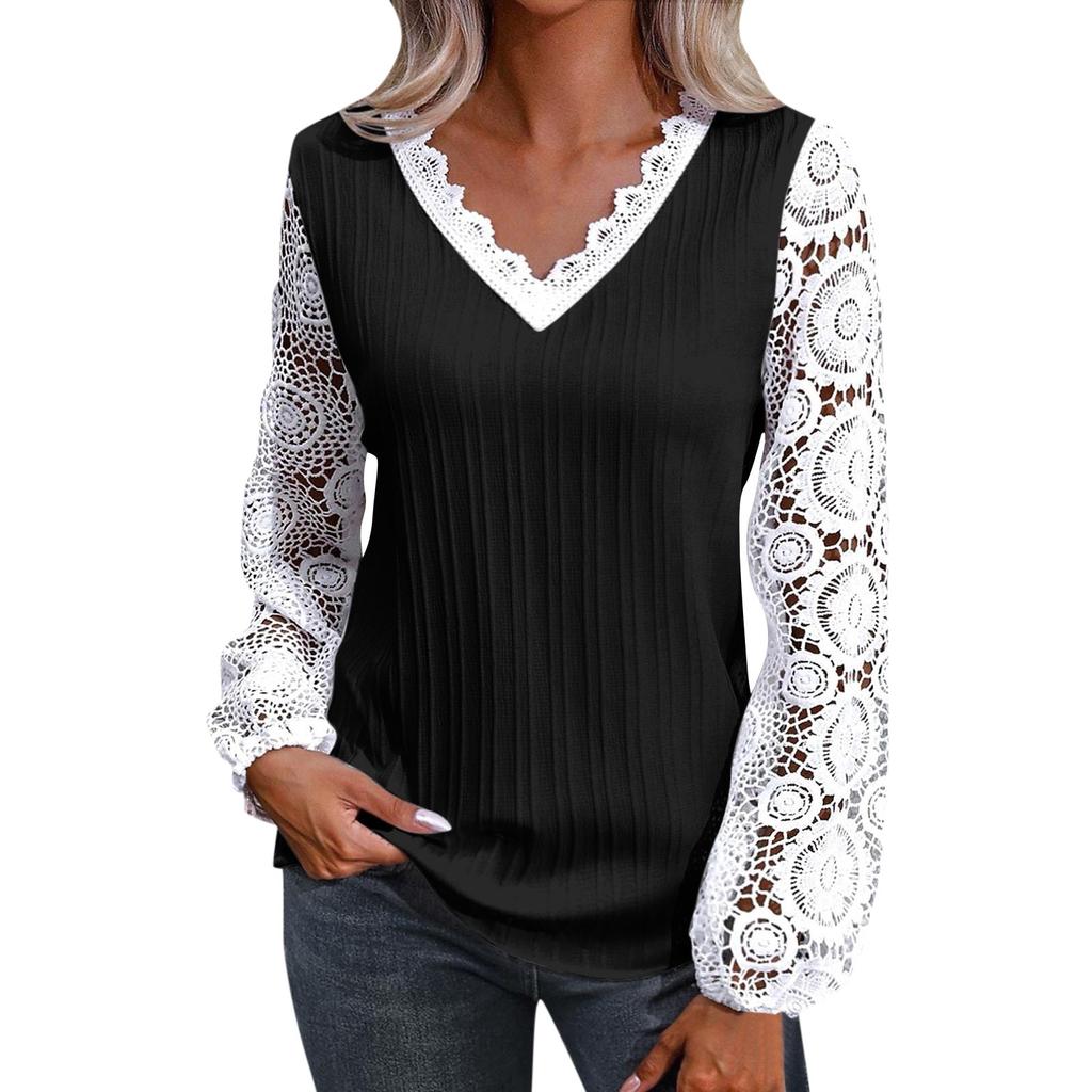 Women's Loose V-neck Lace Patchwork Long Sleeved Casual T-shirt Top