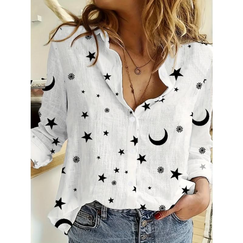 Женская мода повседневная весна осень звездный принт длинный рукав воротник поло блузки и рубашки