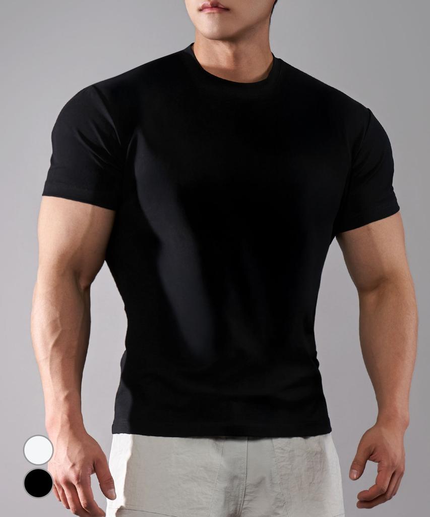 UNTAPPED STUDIO [2Pack] Muscle Fit 16-Count Cotton Spandex Short Sleeve Plain T-Shirt (2 Colors)