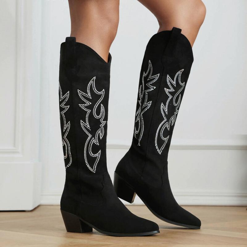 Женские винтажные белые ковбойские сапоги 2024 года, высококачественные квадратные каблуки, молния, высокие до колена, концертные женские ковбойские туфли в стиле вестерн, Botas Mujer