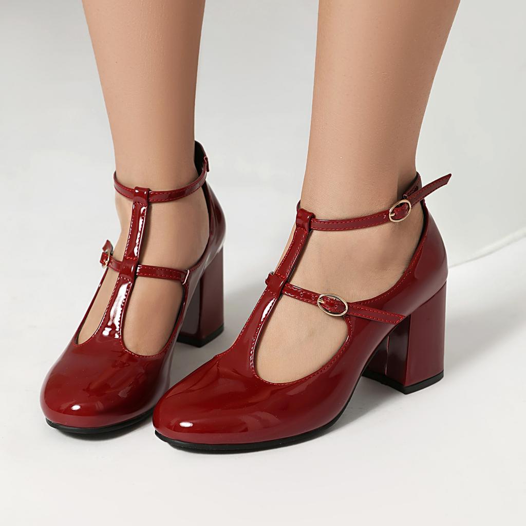Women's High-heeled Single Shoes Spring and Summer New Thick-heeled Large-size Buckle Low-top Shoes