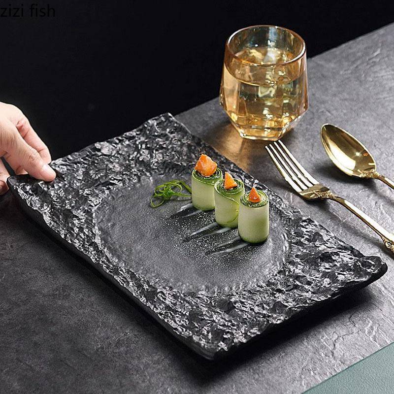 Однотонная неровная текстура Керамическая плоская тарелка Ресторанная тарелка для стейков Десертная тарелка Суши Тарелка для закусок Специальная столовая посуда