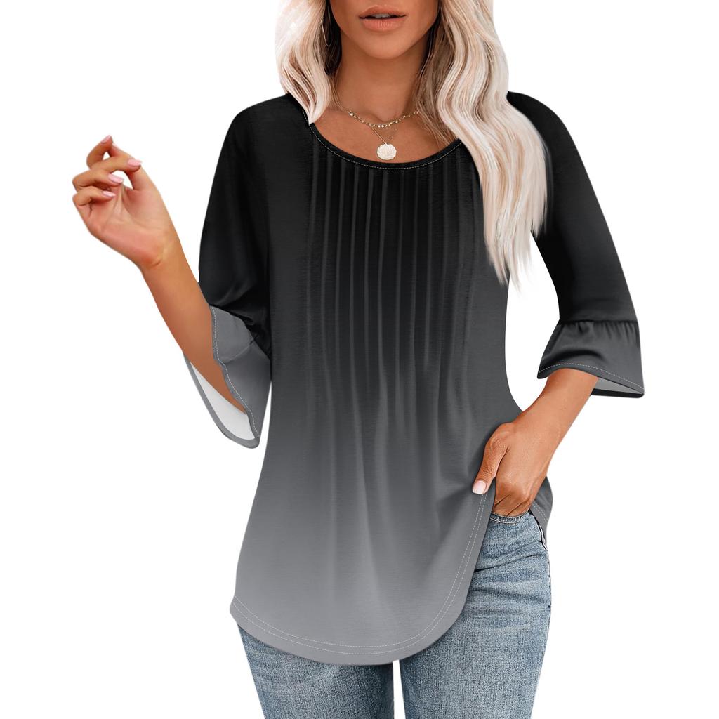Women's 3/4 Bell Sleeve Tops O-Neck Summer Pleated Shirts Trendy Dressy Casual Loose Fit Tunic Blouses