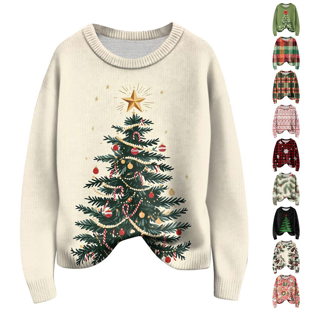 Long Sleeve Pullover Sweaters For Women O Neck Casual Cute Printing Knit Oversized Sweater