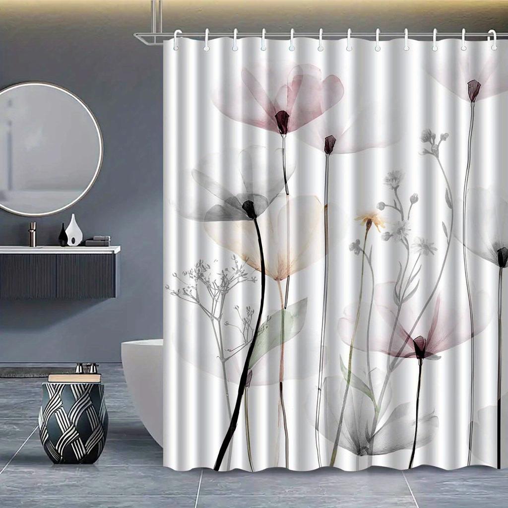 Элегантная акварельная цветочная шторка для душа с нежными пастельными цветами и изящными стеблями для безмятежной ванной комнаты в стиле природы