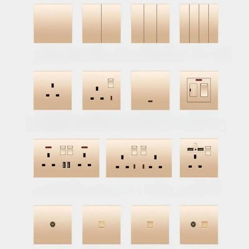 Uk Type 86 13A Универсальный розовое золото 220 В настенный большой деформированный 1-клавишный 2-позиционный крестовой выключатель света, USB электрическая розетка