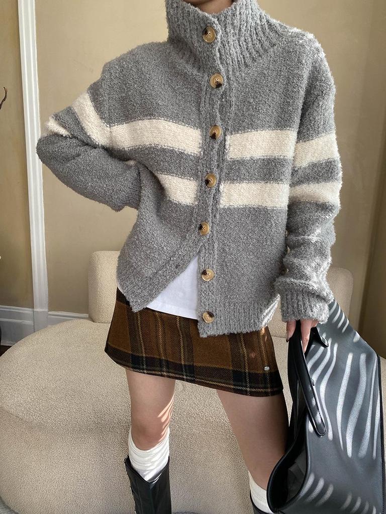 Синан Двусторонний Кардиган с Контрастными Полосками SN6889