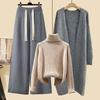 Autumn Winter Warm Knitwear Sets for Women Outfits Ladies Elegant Turtleneck Sweater+long Cardigan Jacket+wide Leg Pant Set