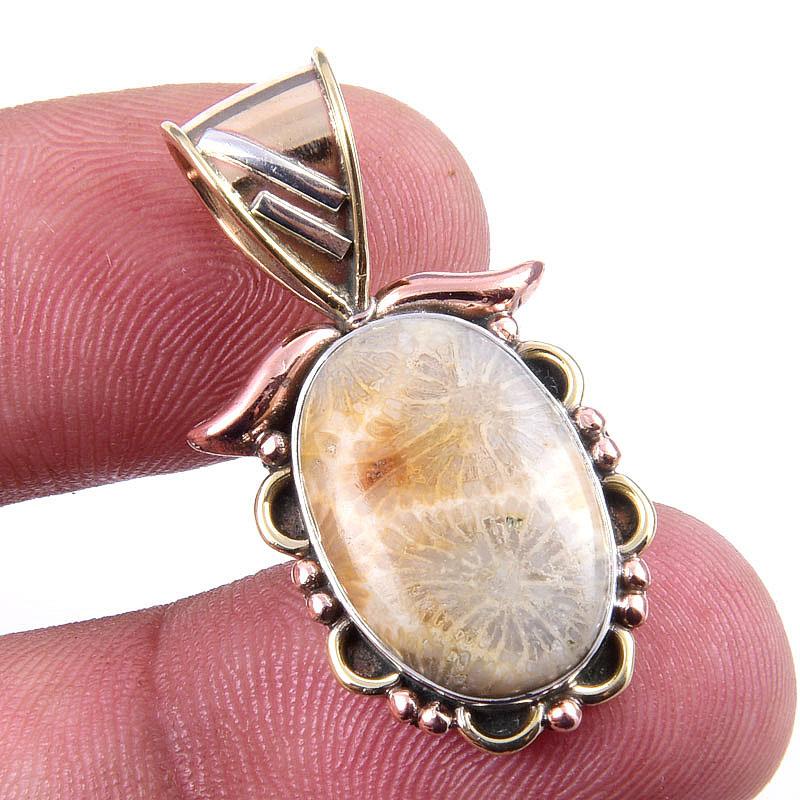 Натуральный ископаемый коралл 925 проба Стерлинговое серебро Двухцветная подвеска в подарок 1,25" D2d21