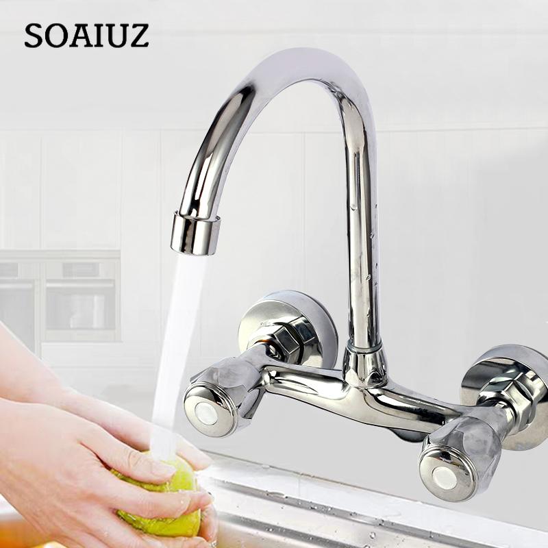 Wall Mounted Kitchen Faucet Double Handle Sink Basin Tap Cold Hot Water Mixer Tap Dual Hole Bathroom Sink Wash Basin Water Tap