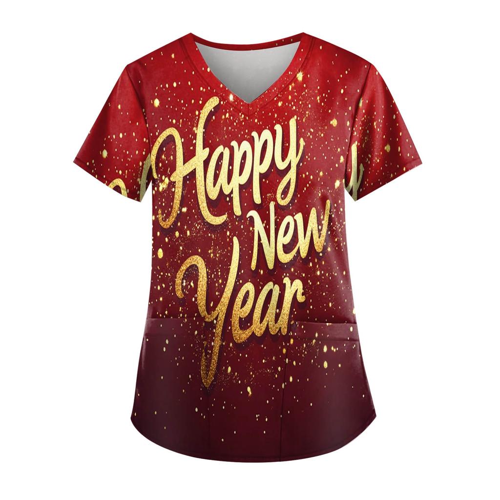 Women's Fashion New Year Printed Short Sleeve V-Neck Top Small Pocket Work T-Shirt