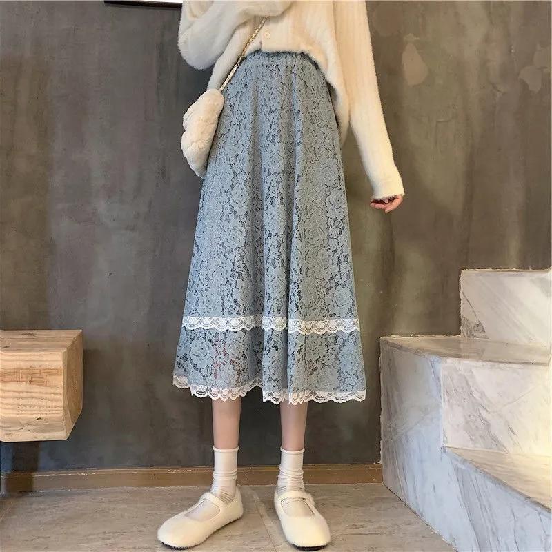 Female Lady Korean Style Black White Blue Lace Midi Skirt Women Spring Autumn Cute Elegant Office A-line Skirt