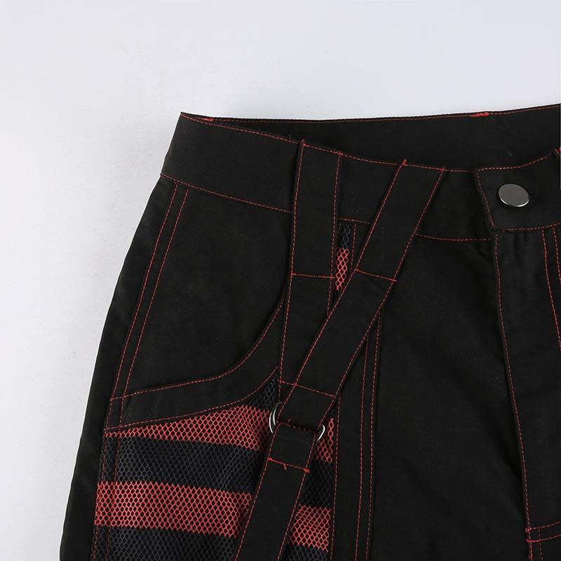 Women's Early Spring New Loose Colour Collision Striped Mesh Splicing Dark Chain Strap Woven Trousers