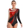 Womens Gymnastics Leotard Metallic Contrast Color Patchwork Sheer Mesh Long Sleeve Cutout Back Rhinestones Dancewear