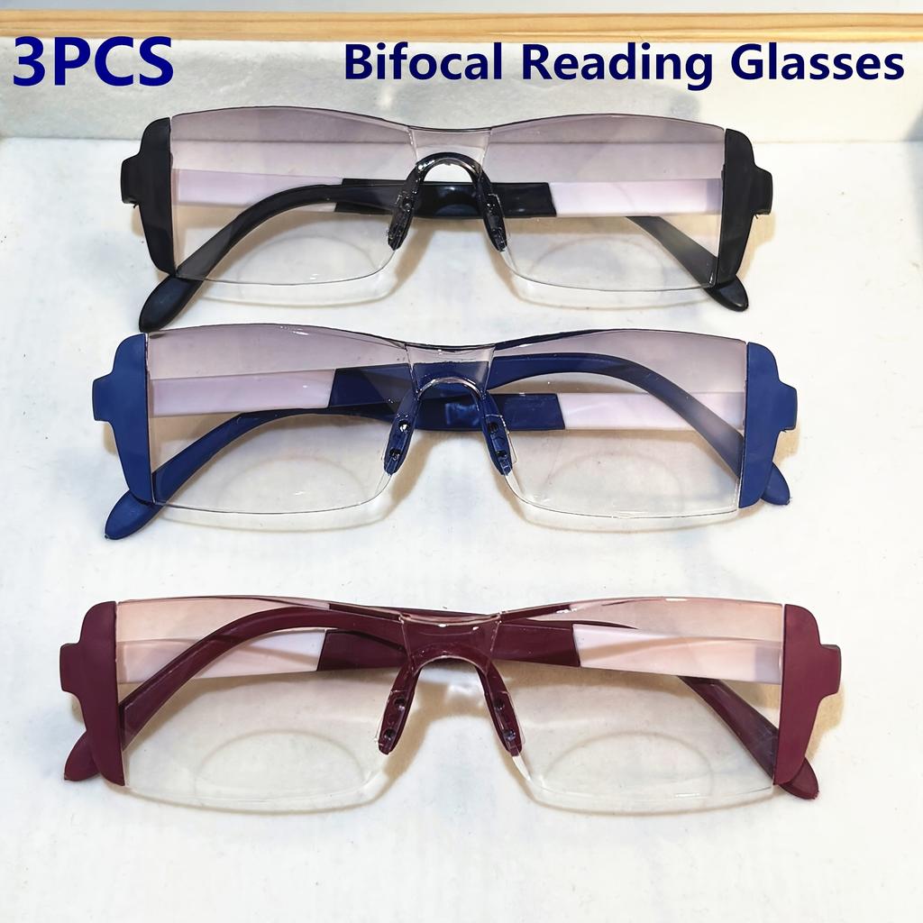3-Pack Minimalist Bifocal Reading Glasses for WomenAnti-Blue Light Rimless Design Rectangular Shape Plastic Hinge
