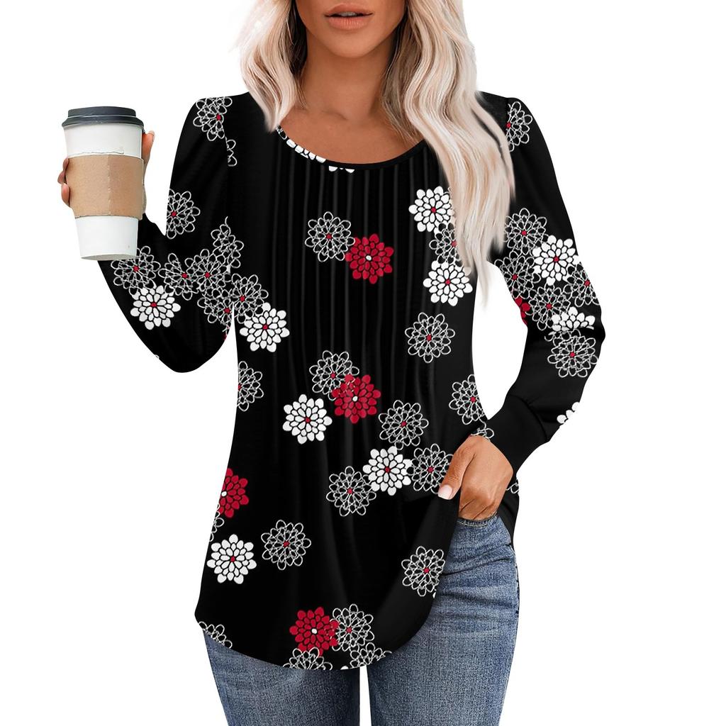 Рубашки с длинным рукавом для женщин, топы, нарядные повседневные блузки, плиссированные топы-туники с круглым вырезом