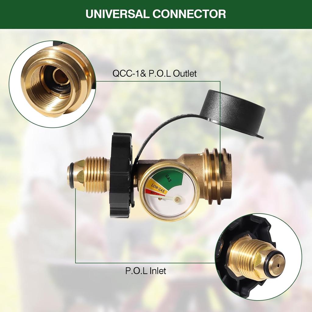 100 lb Propane Tank Adapter with Gauge, Universal Fit POL Propane Tank Gauge Converts POL Gas Tank Service Valve to QCC1 / Type 1, Old to New