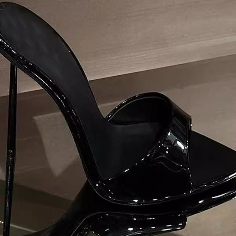 Fashion Red Patent Leather Heeled Sandals Shallow Slip On Mules Solid Sexy Heels Stiletto Summer Shoes Peep Toe One Strap Sandalias
