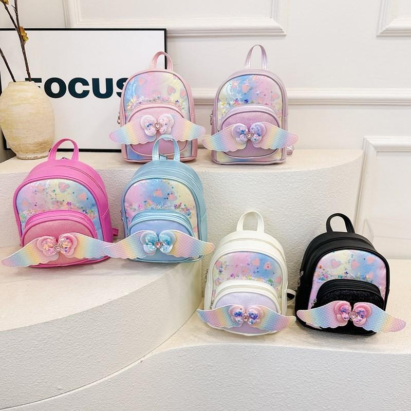 Милый рюкзак для девочек с пайетками в форме сердца и крыльями, из легкого полиуретана, для детского сада и школы