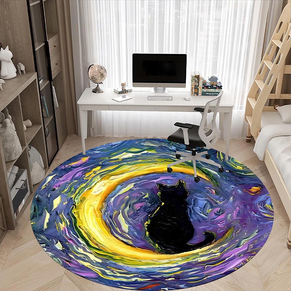 1pc Whimsical Feline Office Round Area Rug, Indoor Mat Suitable ForOffice, Under Office Chairs Bedroom Living Room Home Decor, Room Deco T180