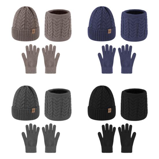 3Pcs/Set Men Hat Scarf Gloves Set Solid Color Twist Texture Brimless Hat Neckerchief Knitting Gloves Set Winter Accessories
