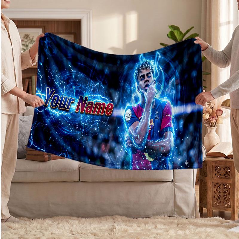 Lamine Yamal Personalized Fleece Blanket With Football Logo, Custom Name Text Soft Warm Home Throw Blanket