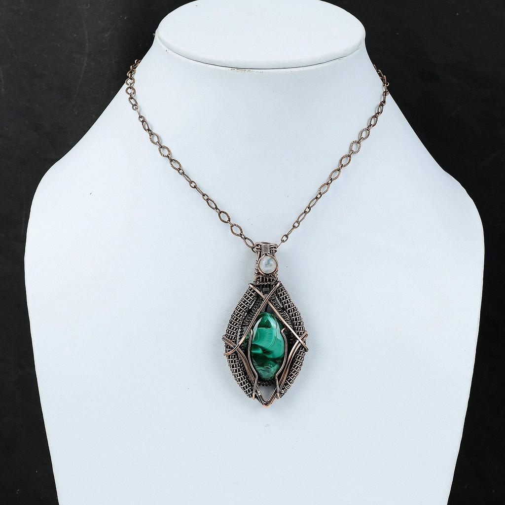 Малахитовый кулон, обернутый медной проволокой, кулон из радужного лунного камня, украшения из драгоценных камней, кулон ручной работы, обернутый проволокой, дизайнерские медные украшения для мамы