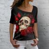 Vintage Skull Women's T Shirt 3D Printed Skew Collar Blouses Casual Short Sleeve Pullover Tops Summer Oversized Clothes Tees