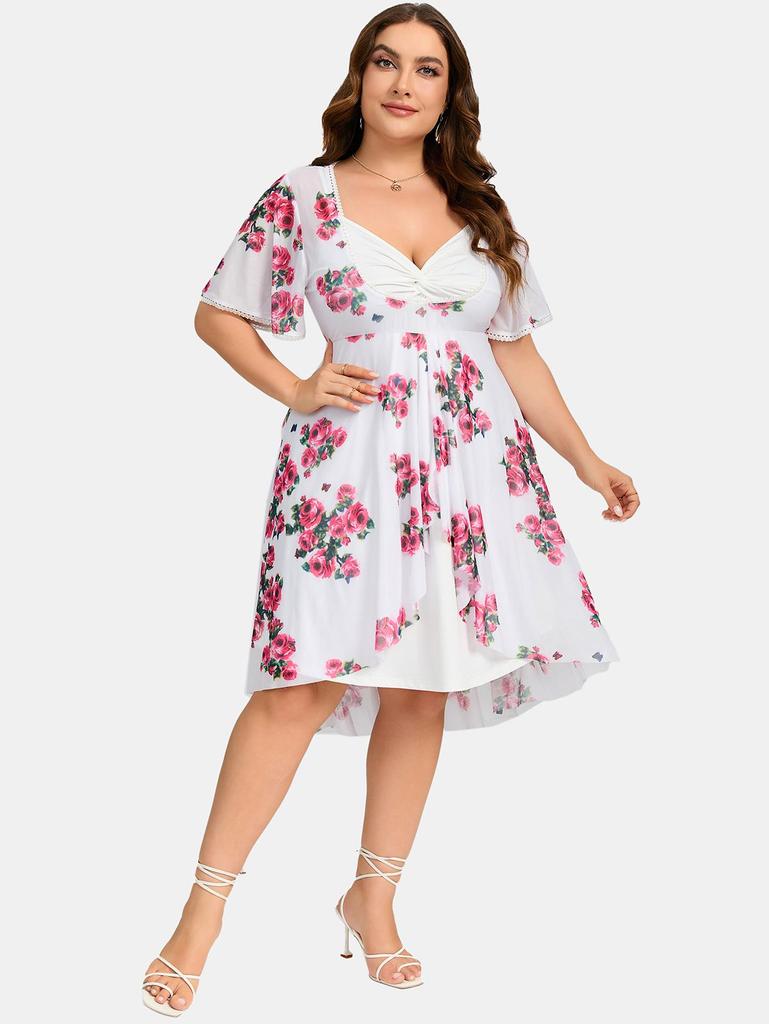 Rosegal Plus Size Twist Lace Trim Belt Layered Flower Print Dress (Adjustable Shoulder Strap)