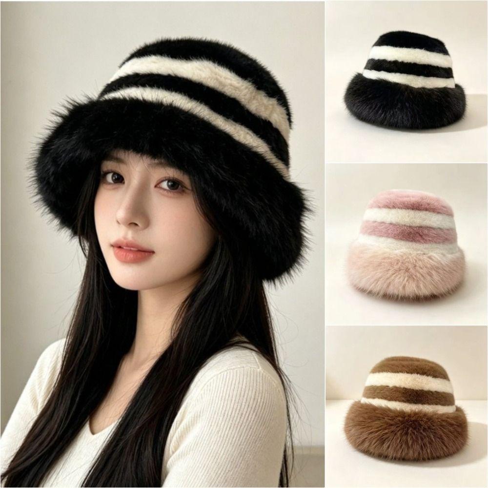 Wide Brim Plush Hat Thick Ear Protection Basin Hat Fashion Striped Fisherman Cap Winter