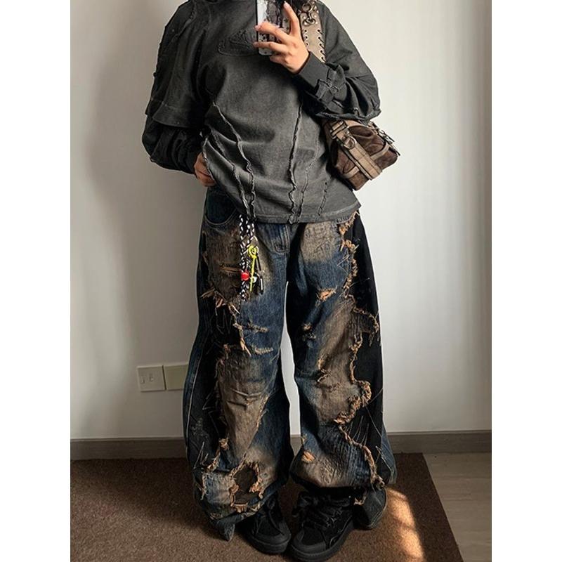 Модные брюки Wide Leg Женские Американский Ретро Потертая Стирка Рваные Брюки-Кинжал Дизайн Color Blocking