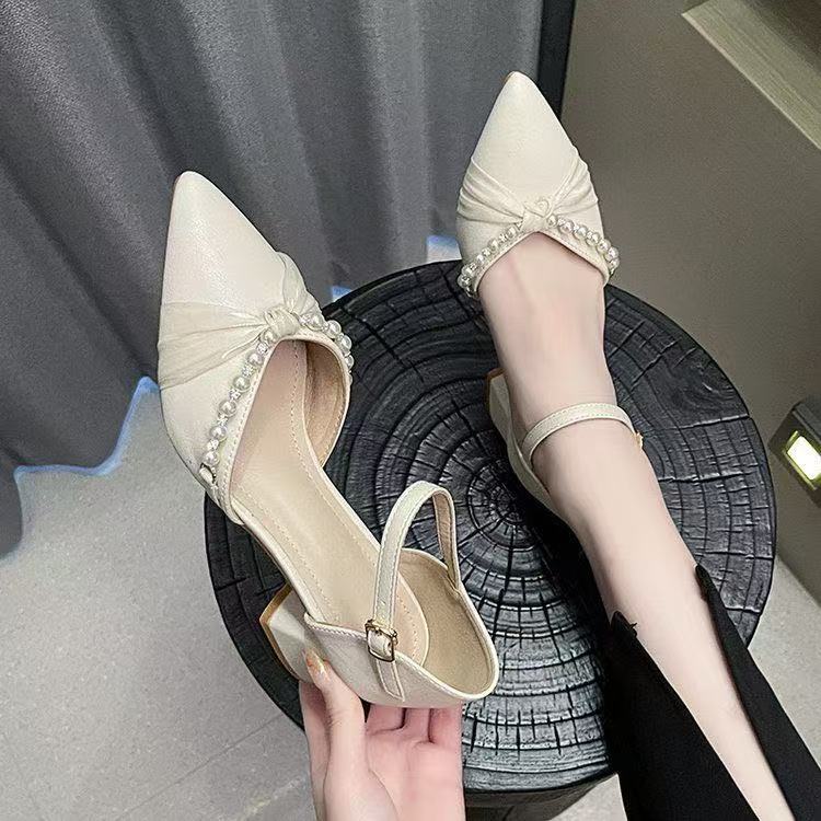 Shallow mouth pointed head high heel thick heel 2025 spring fairy style bag head sandals new single shoes female summer Mary Jane shoes