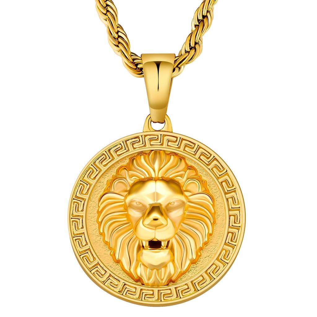Coin Necklace Lion Pendant with Width French Rope Chain Medal Necklace Gold Surgical Stainless Steel Hypoallergenic Amulet Accessory Unisex Gift