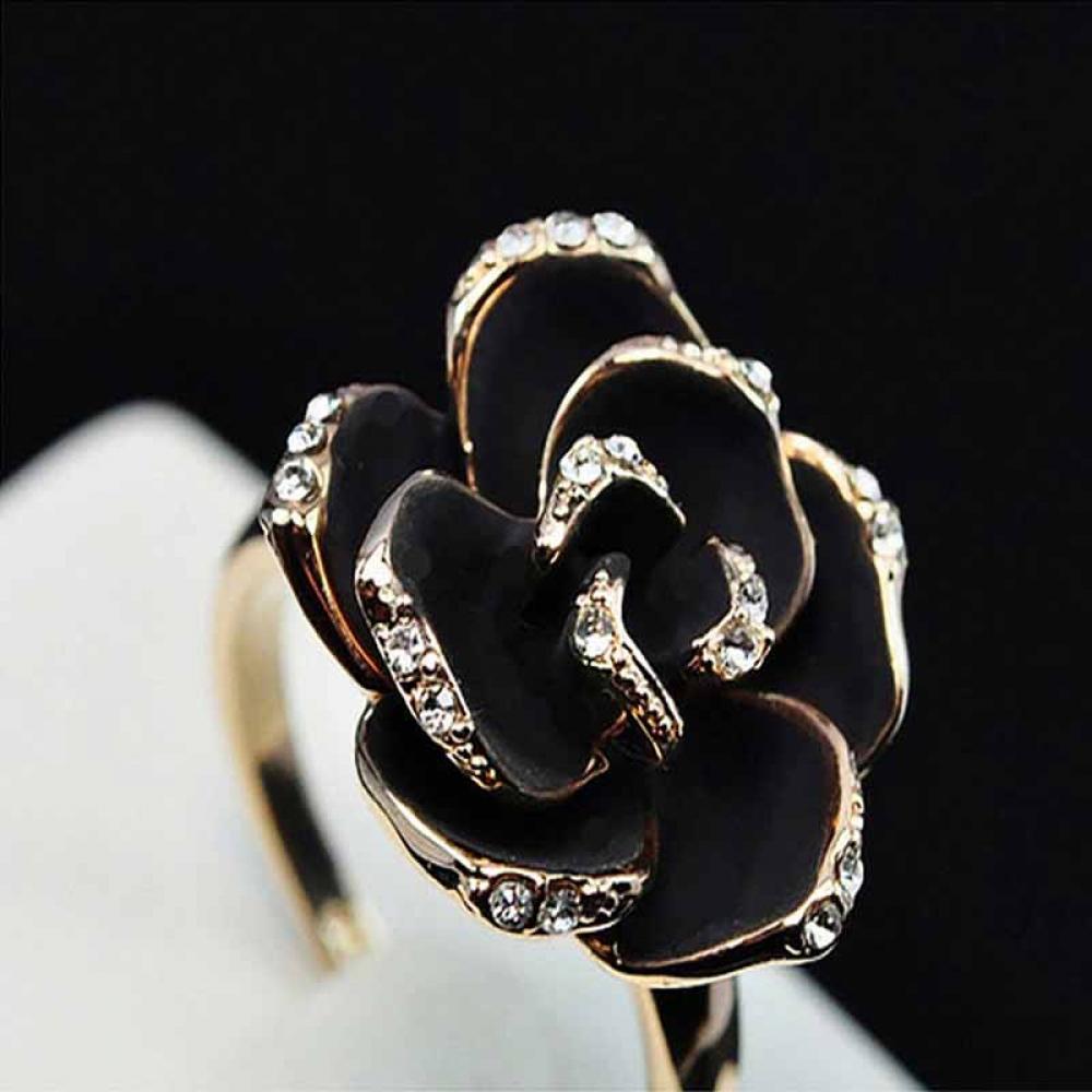 Nice Fashion Women Adjustable Rose Flower Ring Gold Black