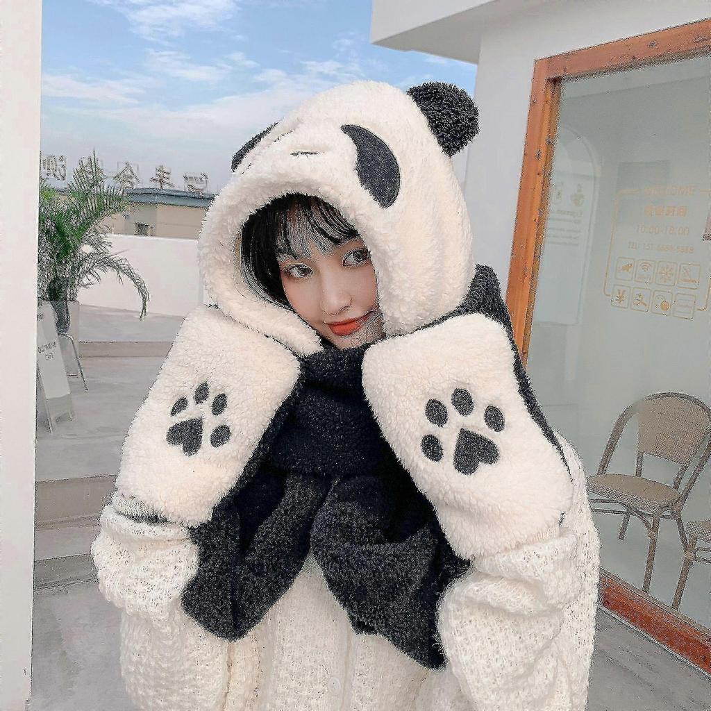 Cute Cartoon Panda Hat Winter Warm Hat Windproof Scarf and Gloves Set Cute Winter Thick Hooded Scarf with Mimics
