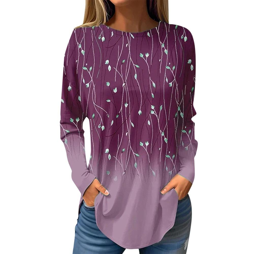 Fashion Women's Long Sleeve T-shirt Round Neck Pullover Casual Plant Willow Branch Pattern  3d Printed Gradient Printed T-shirt