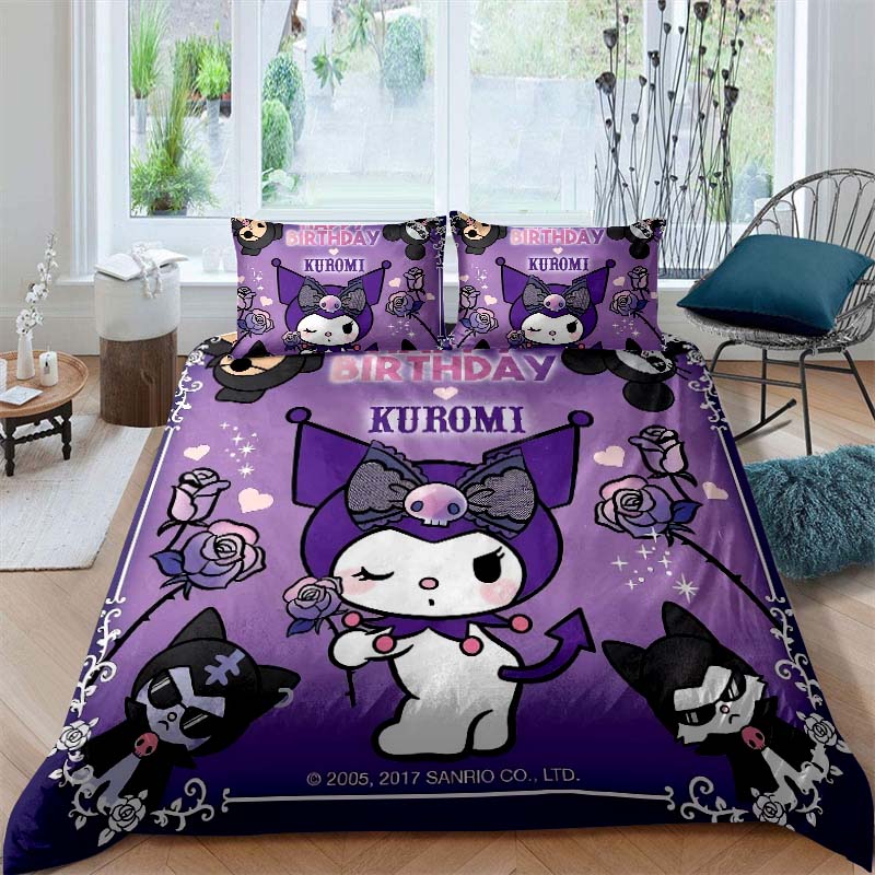 New Kuromi-themed Three-piece Bedding Set, Including Duvet Cover and Pillowcases, But Without Filling. A Great Holiday Gift.
