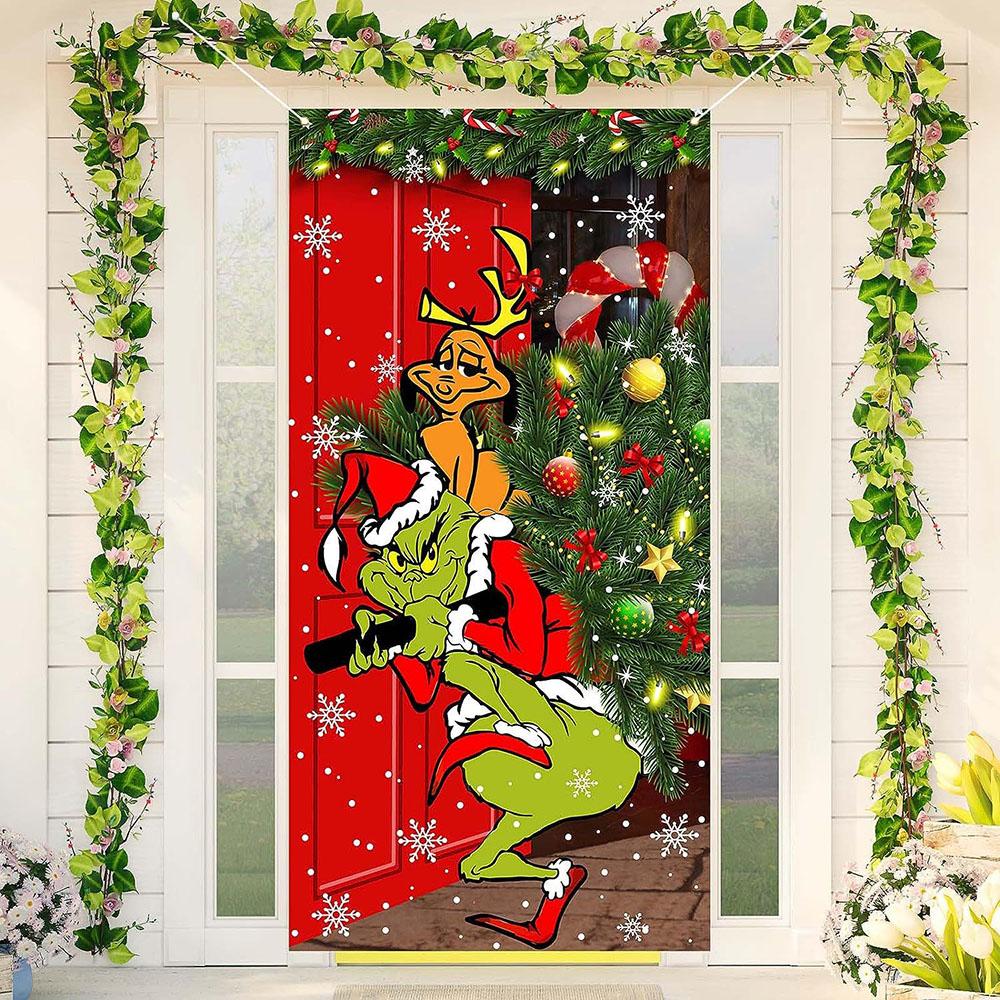 Merry Christmas Grinch Christmas Door Cover Decorations Banner Grinch Green Backdrop