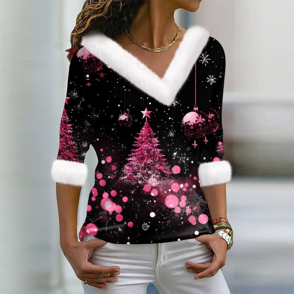 Женский модный повседневный топ с V-образным вырезом и длинными рукавами, рождественским принтом и плюшевым воротником
